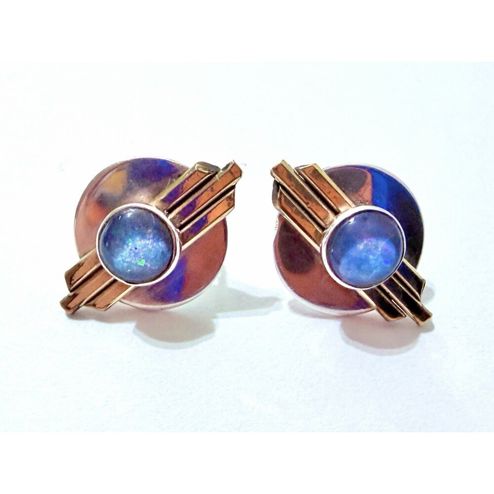 Blue Opal Sterling Silver Gold Fill Stud Earrings Celestial Art Deco Artisan